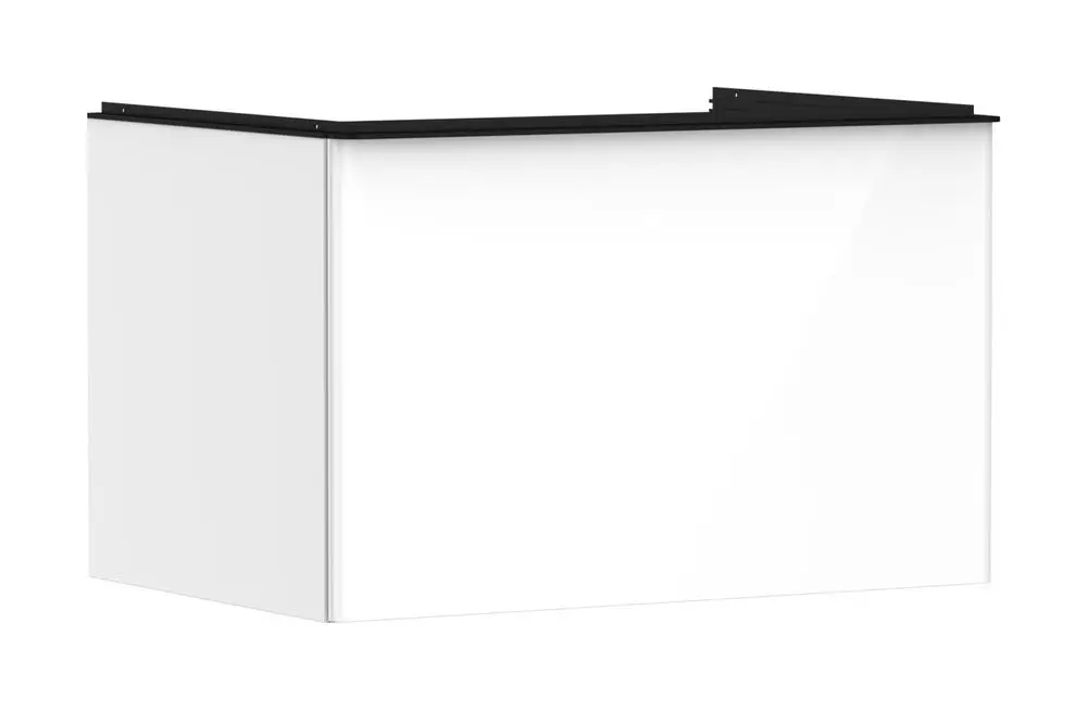 Weißer Waschtischunterschrank von Hansgrohe mit glatter Oberfläche und einem Schubkasten, geeignet für einen Aufsatzwaschtisch.